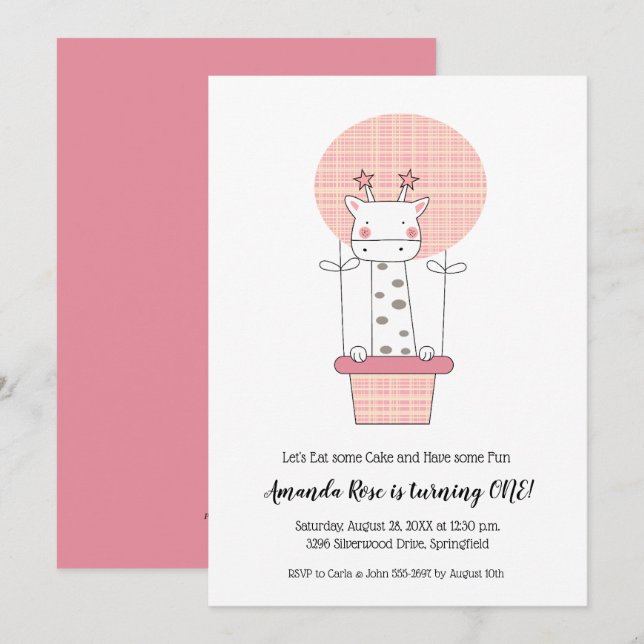 Giraffe Girl First Birthday Invitation (Front/Back)
