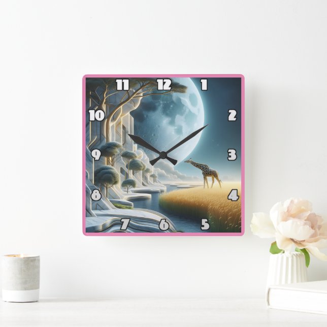 Giraffe grazes under the moon in Africa Square Wall Clock (Home)
