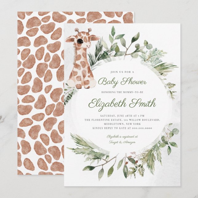 Giraffe Greenery Gender Neutral Animal Baby Shower Invitation (Front/Back)