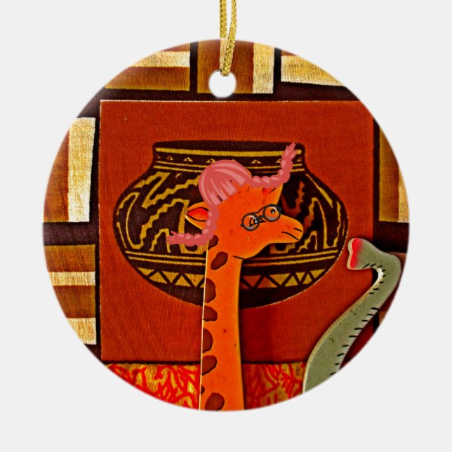 Giraffe Hat Art Print Ceramic Ornament (Front)