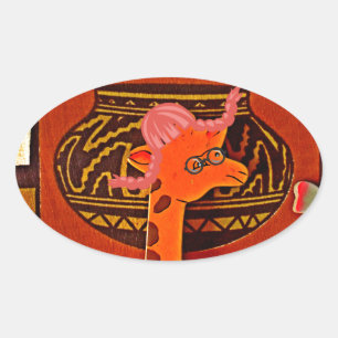 Giraffe Hat Art Print Oval Sticker