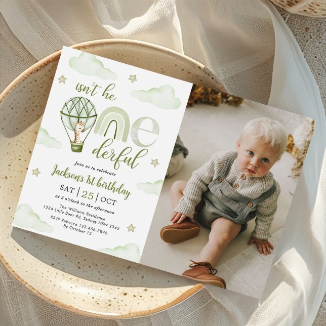 Giraffe Hot Air Balloon Green 1st Birthday Photo Invitation (Creator Uploaded)