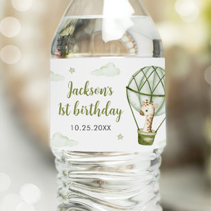 Giraffe Hot Air Balloon Green Boy 1st Birthday Water Bottle Label