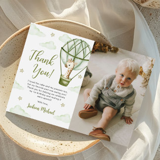 Giraffe Hot Air Balloon Green Boy Birthday Photo Thank You Card