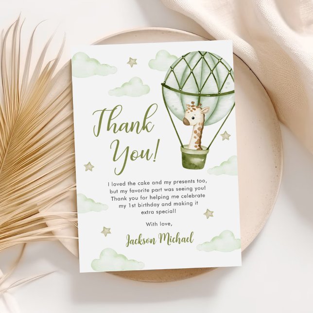 Giraffe Hot Air Balloon Green Boy Birthday Thank You Card (Creator Uploaded)