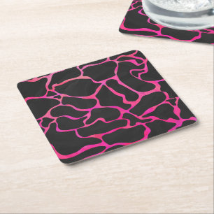 Giraffe Hot Pink and Black Print Square Paper Coaster