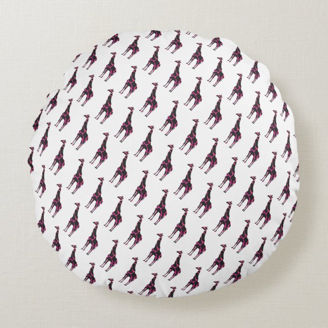 Giraffe Hot Pink and Black Silhouette Round Pillow (Front)