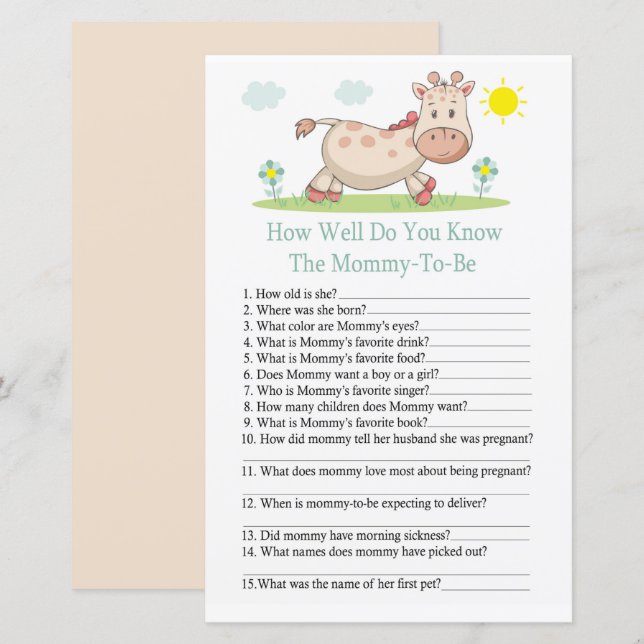 Giraffe How well do you know baby shower game (Front/Back)