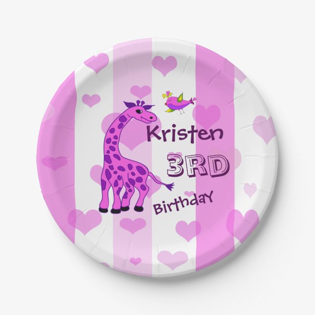 Giraffe illustration in pink colour paper plate (Front)
