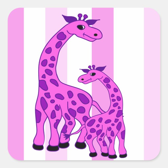 Giraffe illustration in pink colour square sticker (Front)