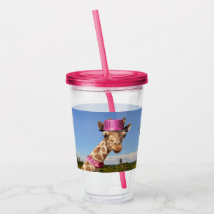 Giraffe in a sparkly pink hat acrylic tumbler