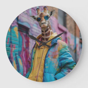 Giraffe in a streetwear with sunglasses large clock