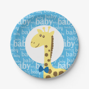 Giraffe in Blue Bow Baby Shower for Boy Paper Plate