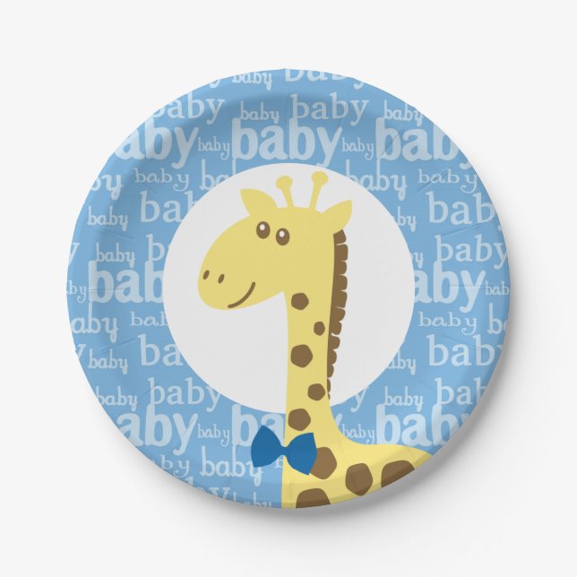 Giraffe in Blue Bow Baby Shower for Boy Paper Plate (Front)