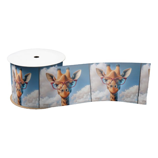 Giraffe In Clouds Wearing Red Glasses Satin Ribbon (Spool)