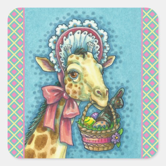 GIRAFFE IN CUTE SPRING EASTER BONNET, EGG BASKET SQUARE STICKER (Front)