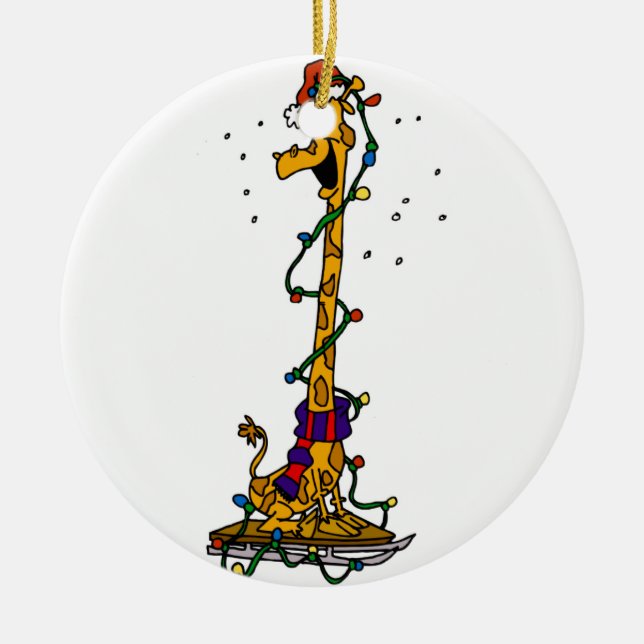 Giraffe in lights on sled ceramic ornament (Front)
