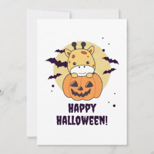 Giraffe In Pumpkin Cute Giraffes Happy Halloween Holiday Card