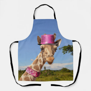 Giraffe in sparkly pink hat apron