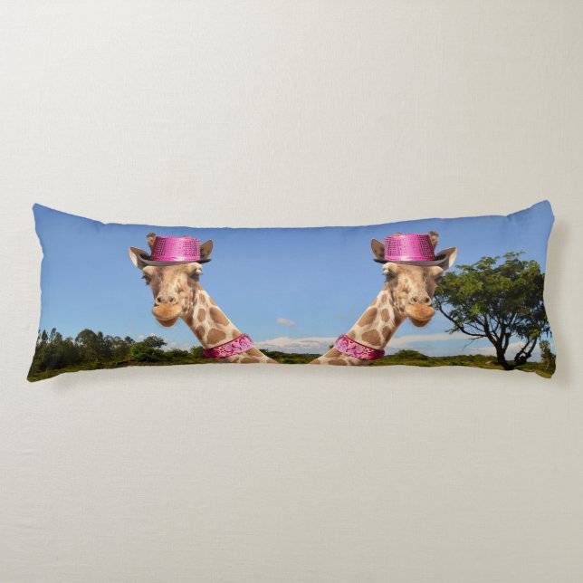 Giraffe in sparkly pink hat body pillow (Front)