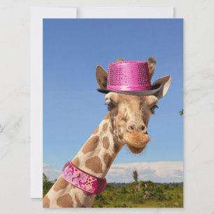Giraffe in sparkly pink hat card