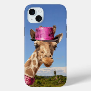 Giraffe in sparkly pink hat iPhone 15 mini case