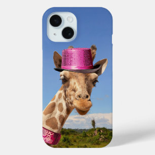 Giraffe in sparkly pink hat iPhone 15 case