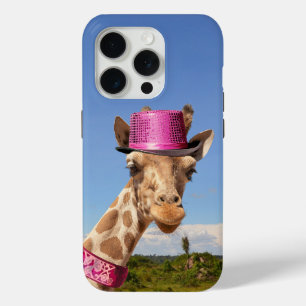 Giraffe in sparkly pink hat iPhone 15 pro case