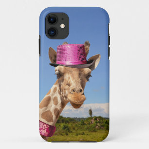Giraffe in sparkly pink hat iPhone 11 case