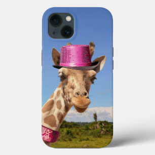 Giraffe in sparkly pink hat iPhone 13 case