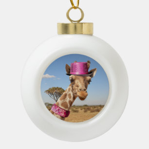 Giraffe in sparkly pink hat ceramic ball christmas ornament