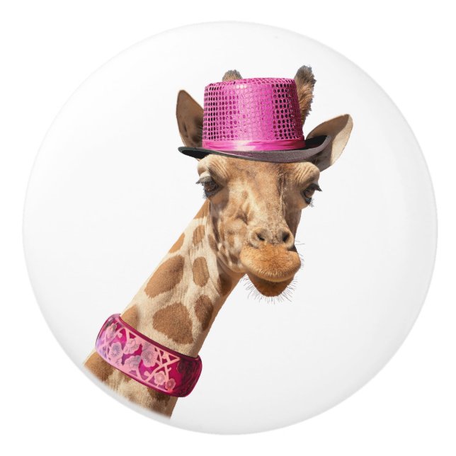 Giraffe in sparkly pink hat ceramic knob (Front)