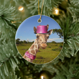 Giraffe in sparkly pink hat ceramic ornament
