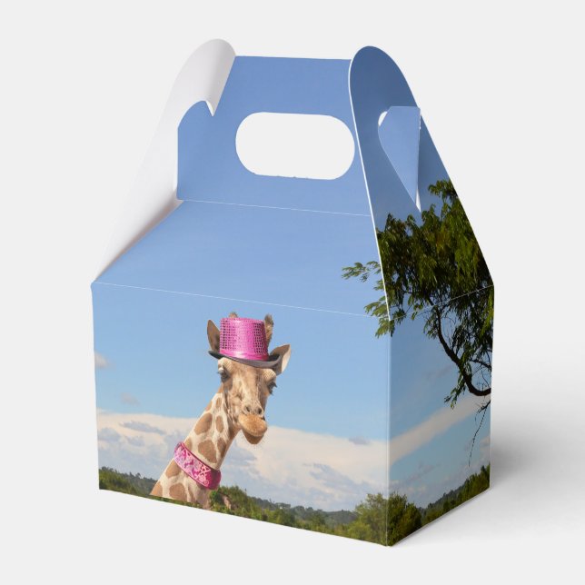 Giraffe in sparkly pink hat favor box (Front Side)