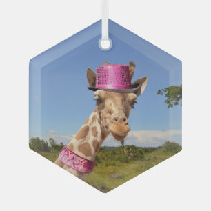 Giraffe in sparkly pink hat glass ornament