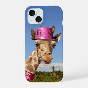 Giraffe in sparkly pink hat iPhone 15 case