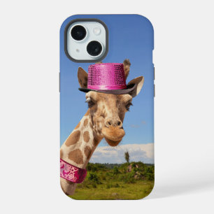 Giraffe in sparkly pink hat iPhone 15 case