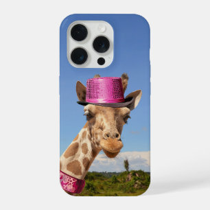 Giraffe in sparkly pink hat iPhone 15 pro case