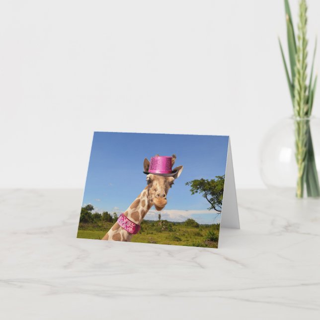 Giraffe in sparkly pink hat note card (Front)