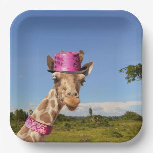 Giraffe in sparkly pink hat paper plate