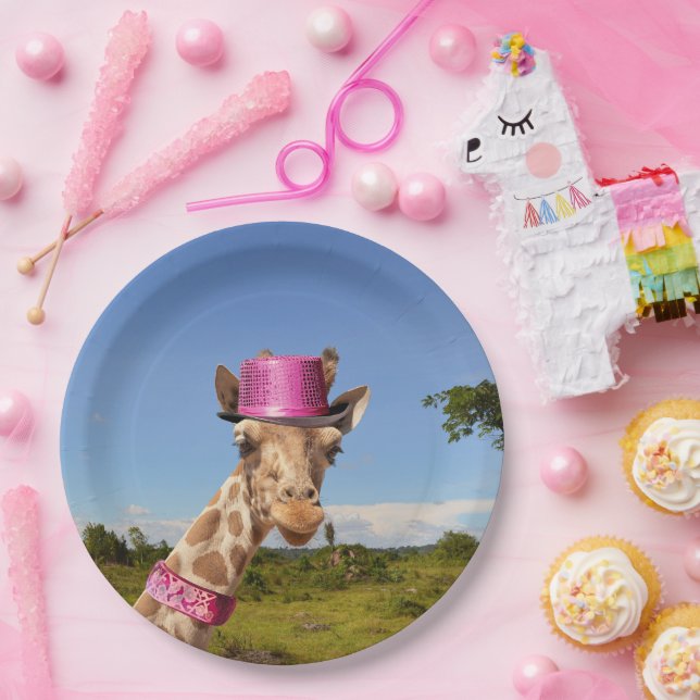 Giraffe in sparkly pink hat paper plate (Party)