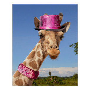 Giraffe in sparkly pink hat poster