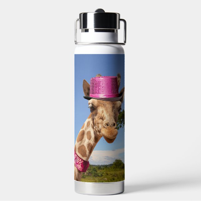 Giraffe in sparkly pink hat water bottle (Back)