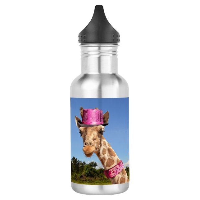 Giraffe in sparkly pink hat Water Bottle (Left)