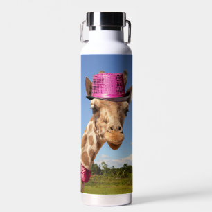 Giraffe in sparkly pink hat water bottle