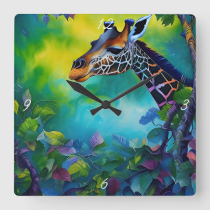 Giraffe in the trees II Square Wall Clock