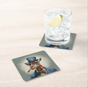 Giraffe in top hat and jacket square paper coaster