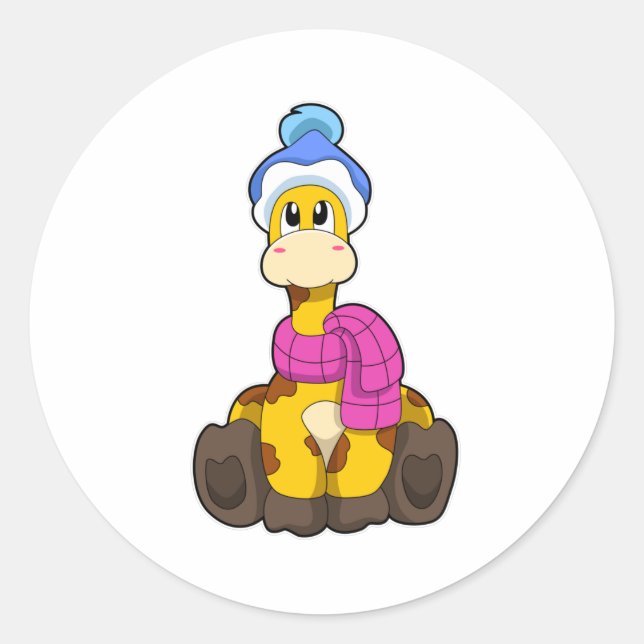Giraffe in Winter with Scarf & Hat Classic Round Sticker (Front)