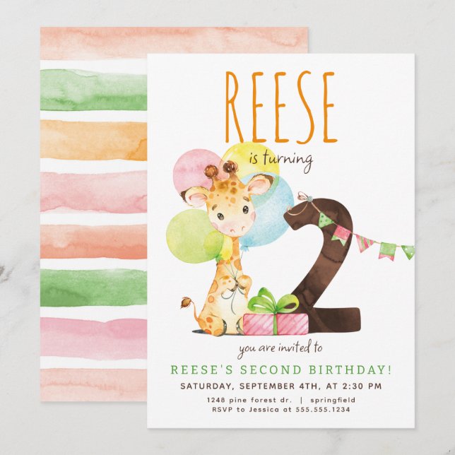 Giraffe Invitation de fête d'anniversaire (Devant / Derrière)