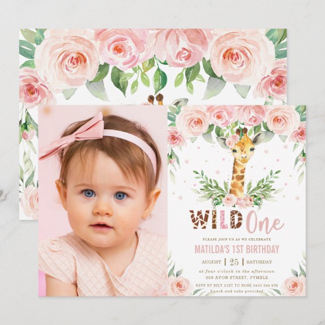 Giraffe Jungle Blush Floral 1st Birthday Photo Invitation (Front/Back)